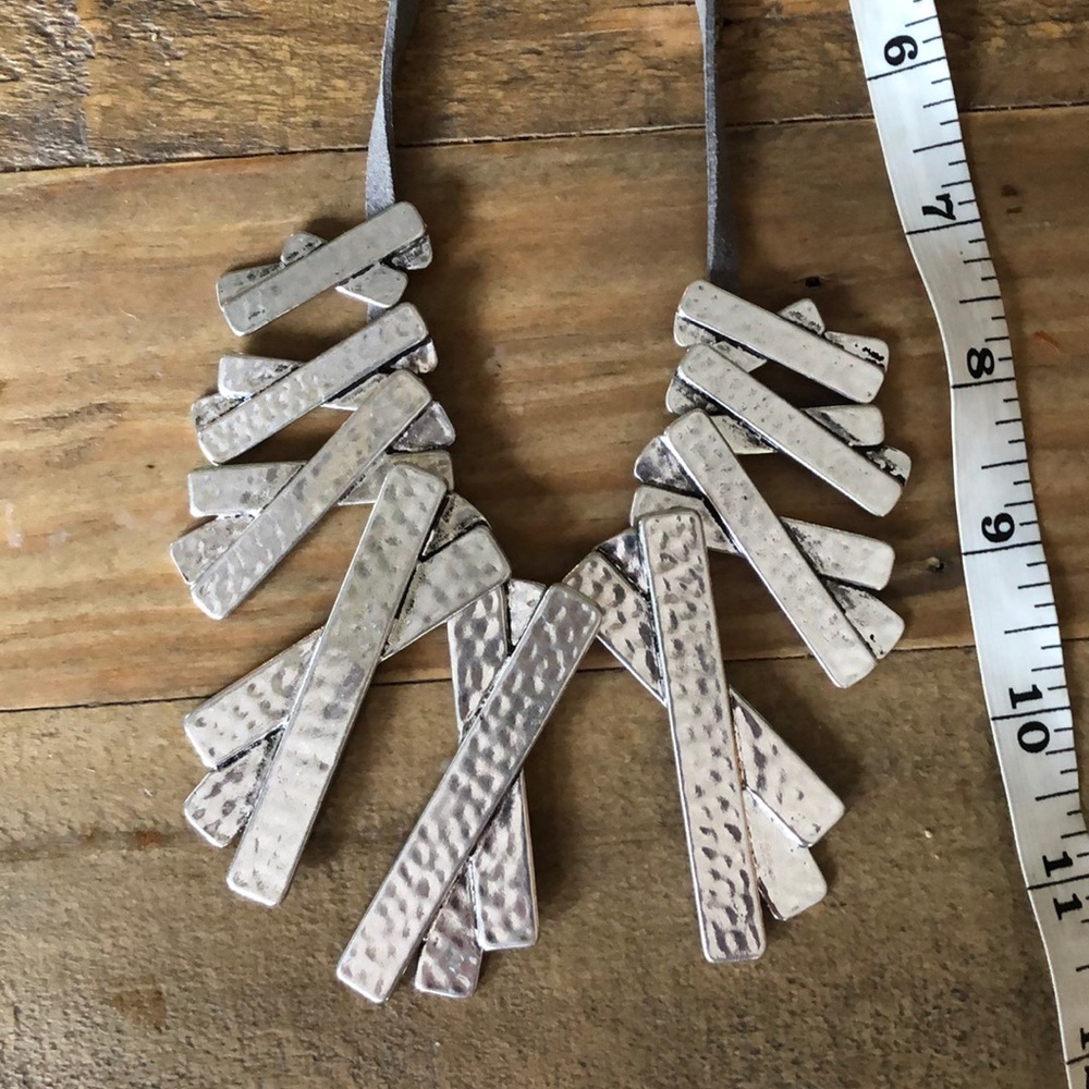 Hammered Silver Metal Statement Bib Necklace - image 6